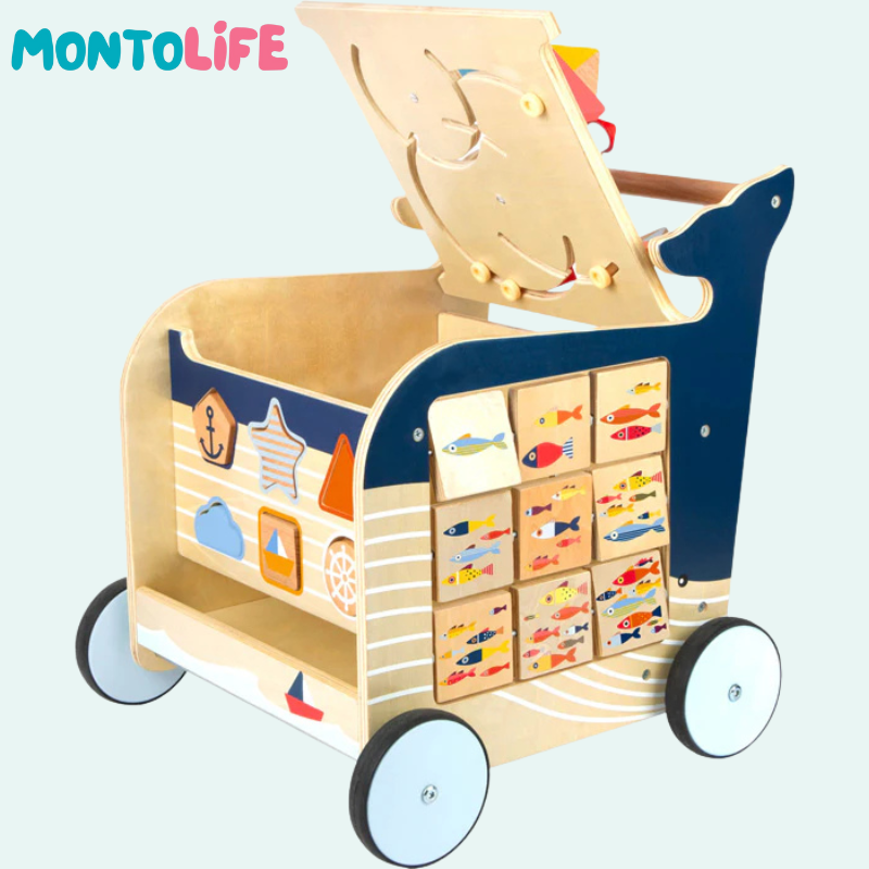 Wooden Whale Activity Walker – Baby Push Toy with 5 Playful Learning Sides