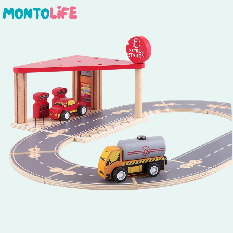 Wooden Gas Station Playset – Interactive Pretend Play & Learning Toy