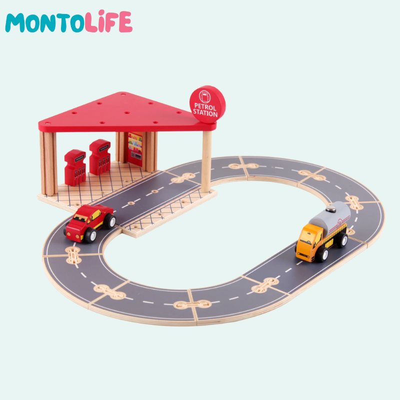 Wooden Gas Station Playset – Interactive Pretend Play & Learning Toy