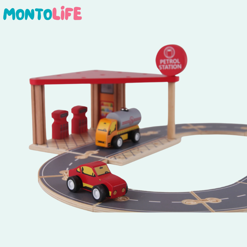 Wooden Gas Station Playset – Interactive Pretend Play & Learning Toy
