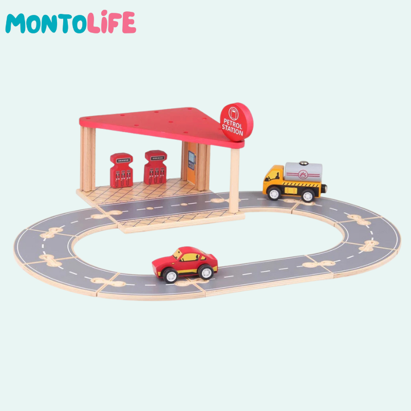 Wooden Gas Station Playset – Interactive Pretend Play & Learning Toy