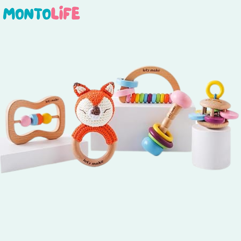 Baby Rattle Set – Wooden Sensory Teething & Early Development Toys