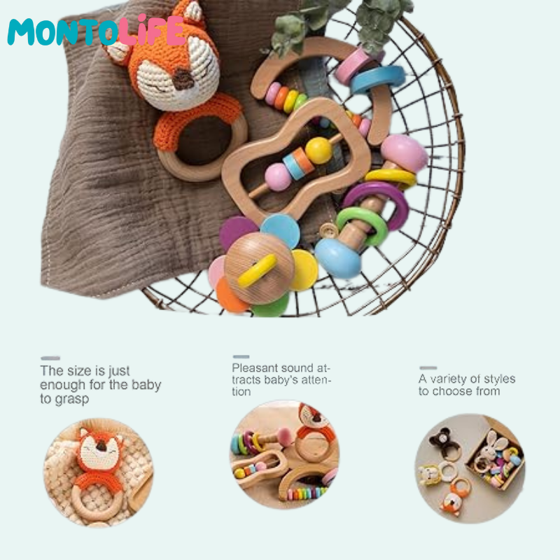 Baby Rattle Set – Wooden Sensory Teething & Early Development Toys