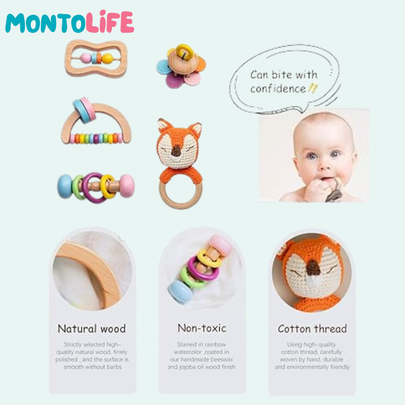 Baby Rattle Set – Wooden Sensory Teething & Early Development Toys