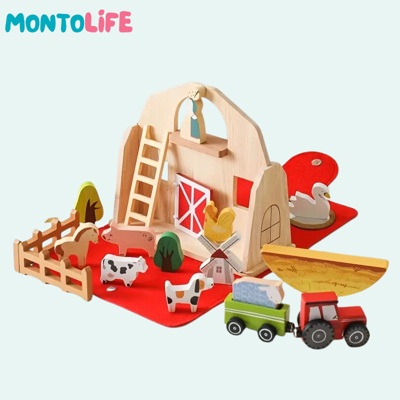 Portable Farm Playset – Wooden Animal & Barn Learning Toy