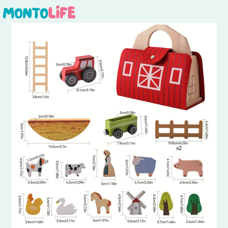 Portable Farm Playset – Wooden Animal & Barn Learning Toy