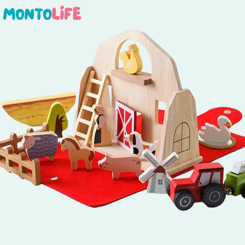 Portable Farm Playset – Wooden Animal & Barn Learning Toy