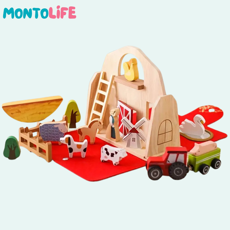 Portable Farm Playset – Wooden Animal & Barn Learning Toy