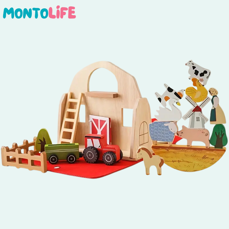 Portable Farm Playset – Wooden Animal & Barn Learning Toy