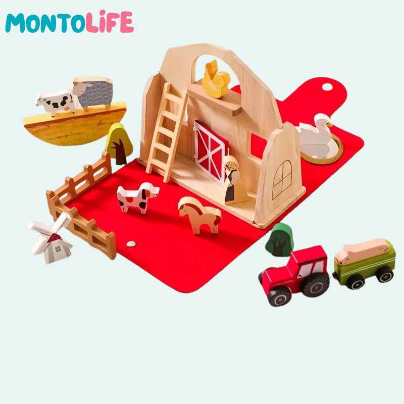 Portable Farm Playset – Wooden Animal & Barn Learning Toy