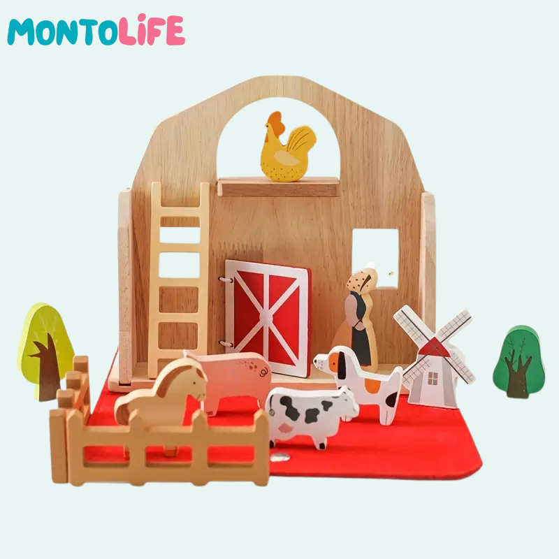Portable Farm Playset – Wooden Animal & Barn Learning Toy