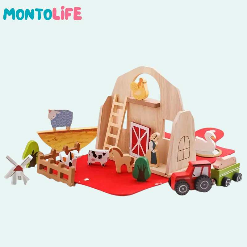 Portable Farm Playset – Wooden Animal & Barn Learning Toy