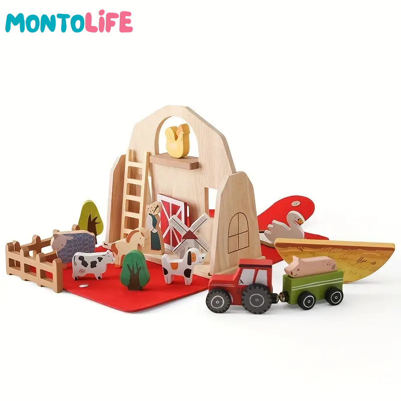 Portable Farm Playset – Wooden Animal & Barn Learning Toy