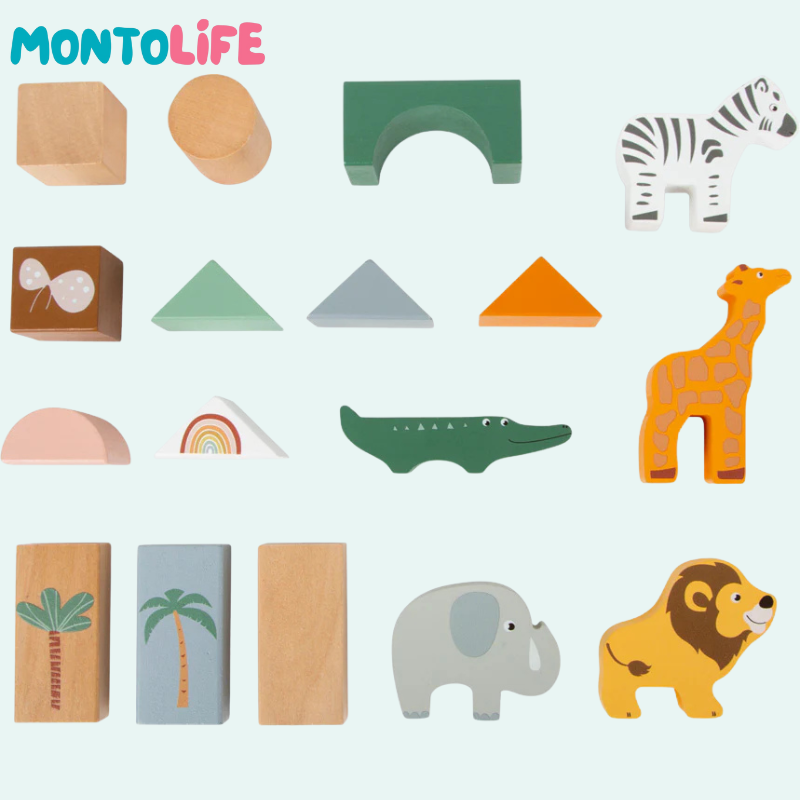 Wooden Safari Building Blocks – 50-Piece Educational Construction Playset