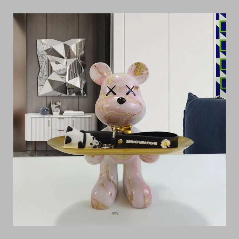 Artistic Vibrant Bear Figurine with Serving Tray – Modern Decorative Sculpture