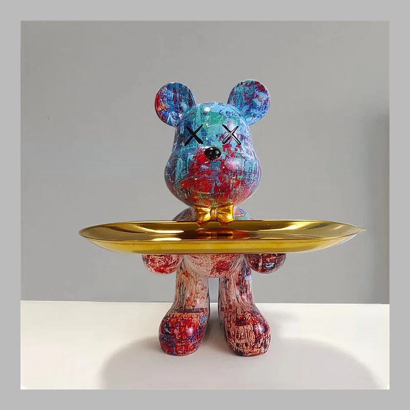 Artistic Vibrant Bear Figurine with Serving Tray – Modern Decorative Sculpture