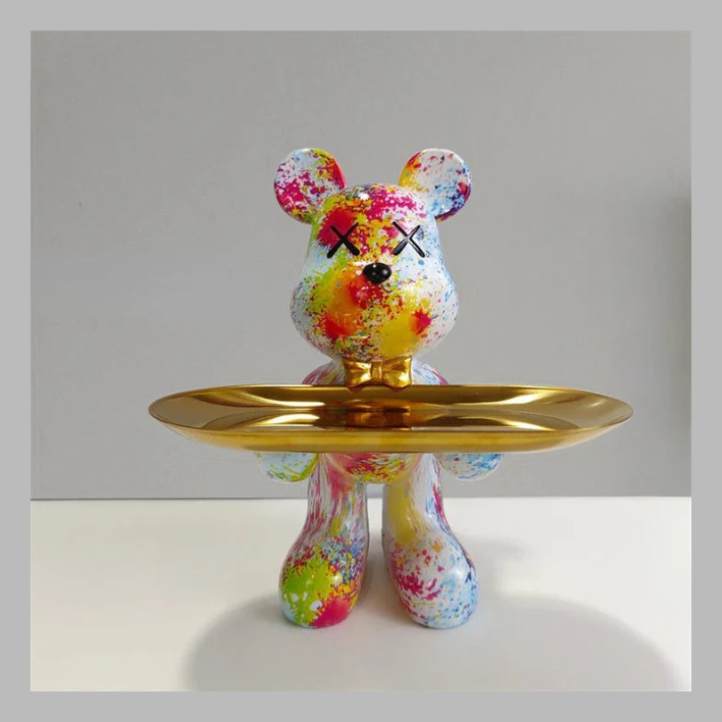 Artistic Vibrant Bear Figurine with Serving Tray – Modern Decorative Sculpture