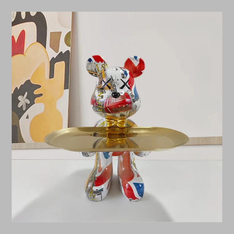 Artistic Vibrant Bear Figurine with Serving Tray – Modern Decorative Sculpture
