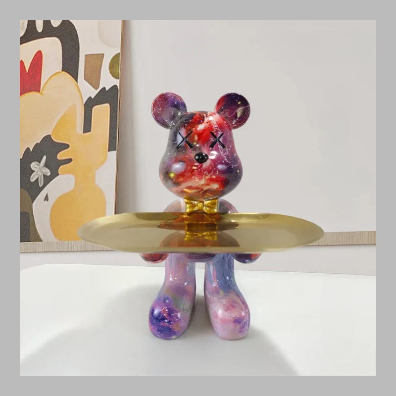 Artistic Vibrant Bear Figurine with Serving Tray – Modern Decorative Sculpture