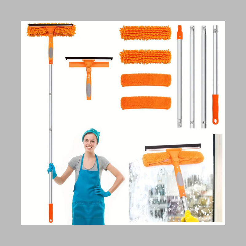2-in-1 Window Cleaning Tool – Adjustable Handle with Squeegee & Microfiber Scrubber