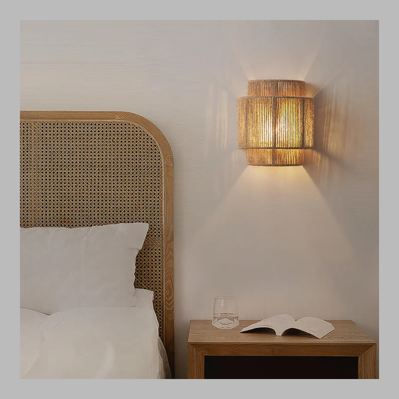 Boho Rattan Hemp Rope Wall Lamp – Vintage LED Light Fixture