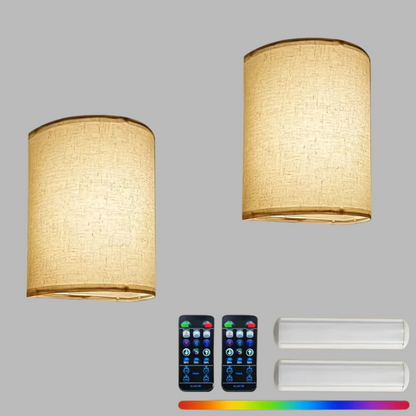 Set of 2 Wireless Wall Lights – Dimmable Linen Shades with Remote