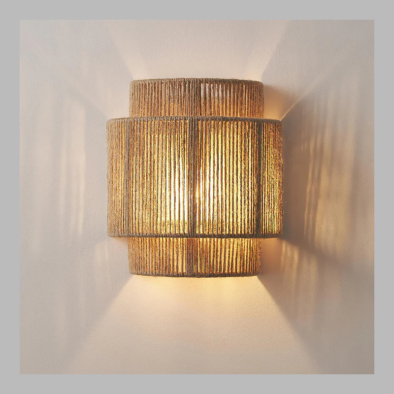 Boho Rattan Hemp Rope Wall Lamp – Vintage LED Light Fixture