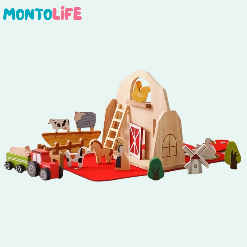 Portable Farm Playset – Wooden Animal & Barn Learning Toy