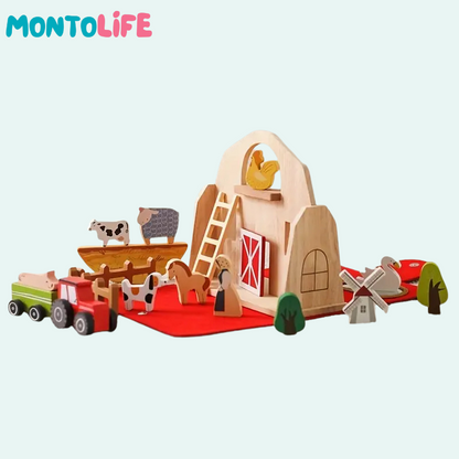 Portable Farm Playset – Wooden Animal & Barn Learning Toy