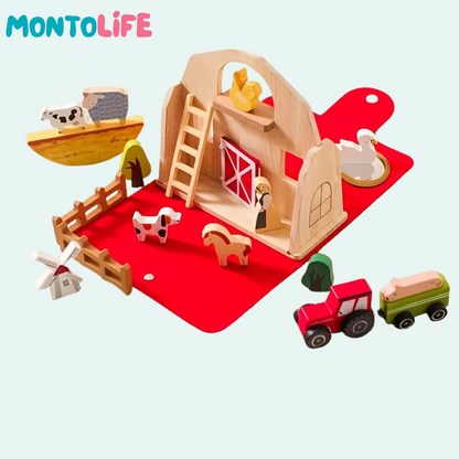 Portable Farm Playset – Wooden Animal & Barn Learning Toy