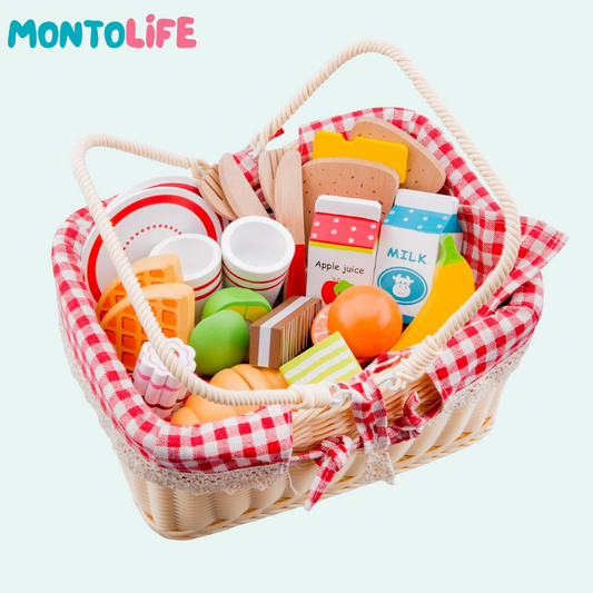 Wooden Picnic Basket Playset – 27-Piece Pretend Food & Role Play Toy