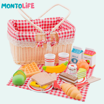 Wooden Picnic Basket Playset – 27-Piece Pretend Food & Role Play Toy