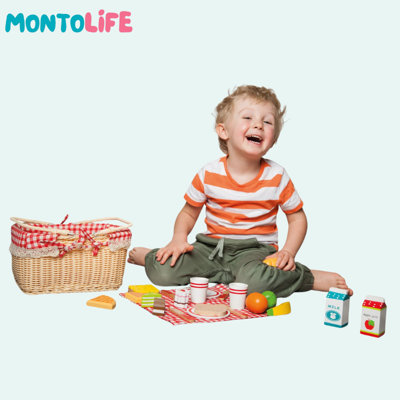 Wooden Picnic Basket Playset – 27-Piece Pretend Food & Role Play Toy