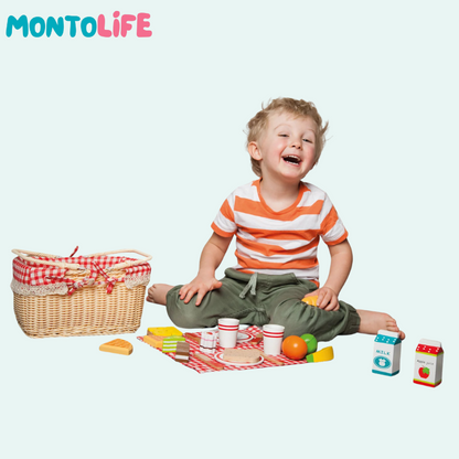 Wooden Picnic Basket Playset – 27-Piece Pretend Food & Role Play Toy